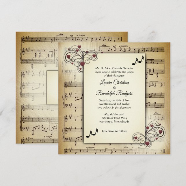 Hearts and Antique Music Theme Wedding Invitation (Front/Back)