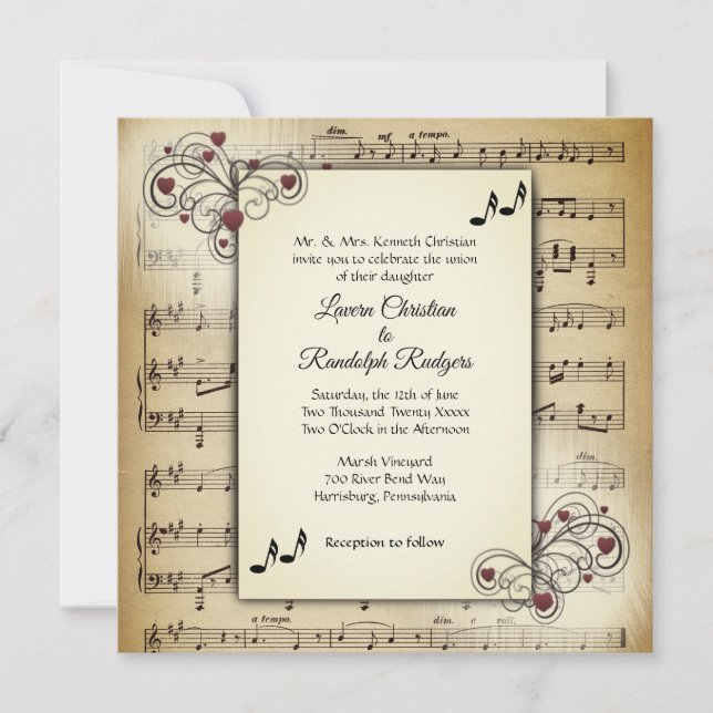 Hearts and Antique Sheet Music Wedding Theme Invitation (Front)
