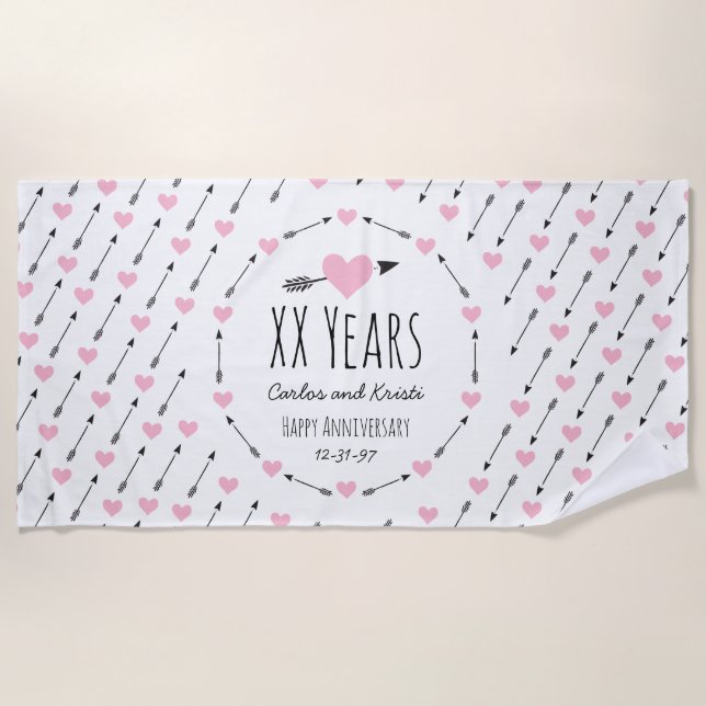 Hearts and Arrows Personalised Wedding Anniversary Beach Towel (Front)