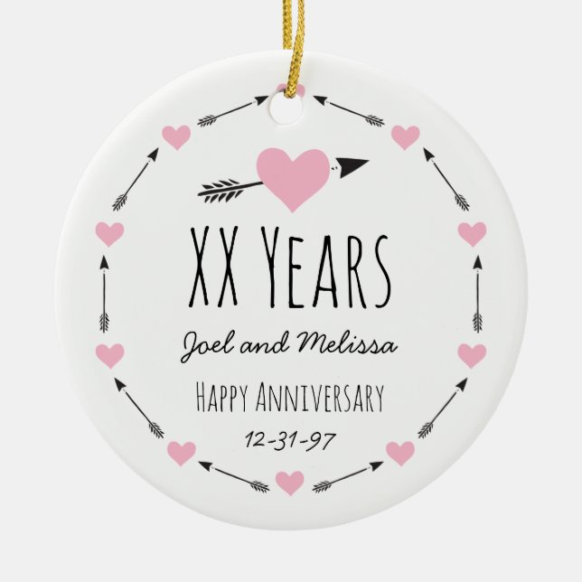 Hearts and Arrows Personalised Wedding Anniversary Ceramic Tree Decoration (Front)