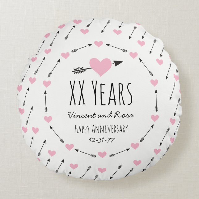 Hearts and Arrows Personalised Wedding Anniversary Round Cushion (Front)