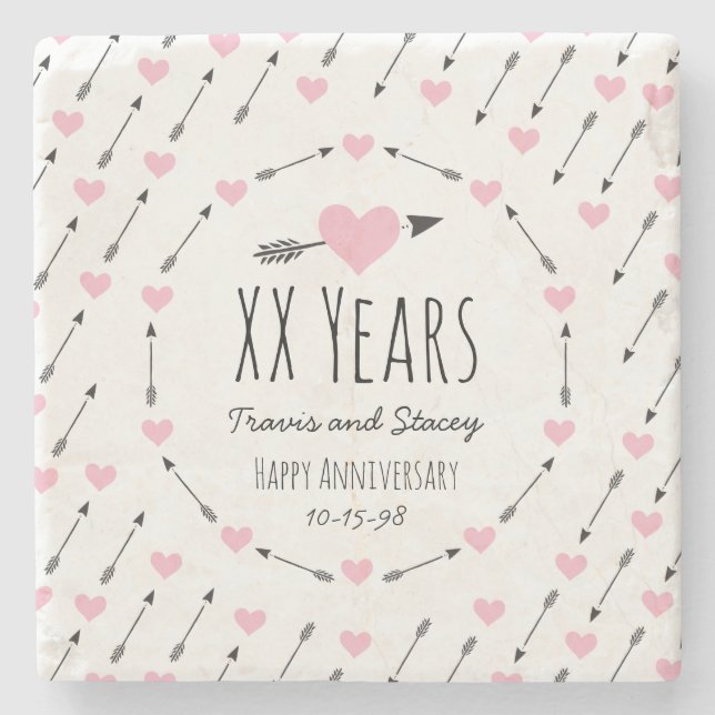 Hearts and Arrows Personalised Wedding Anniversary Stone Coaster (Front)