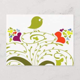 Hearts And Birdie On A Cute Tree Postcard
