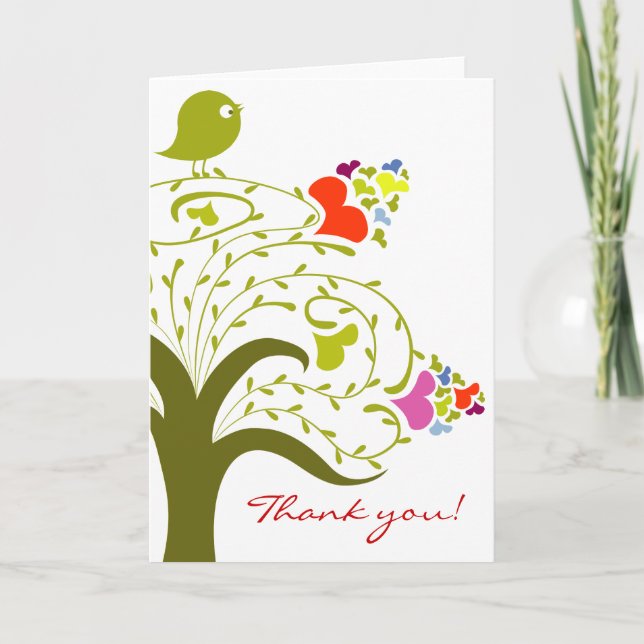 Hearts And Birdie On A Cute Tree Thank You Card (Front)