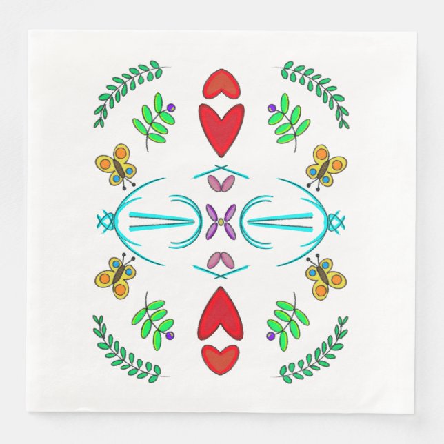 Hearts and Butterflies Folk Art Napkin (Front)