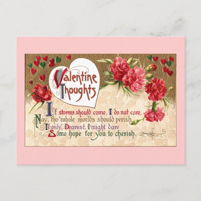 Hearts and Carnations Vintage Valentine Holiday Postcard (Front)