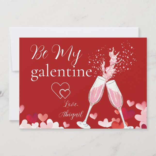 Hearts and champagne Be My Galentine Card (Front)