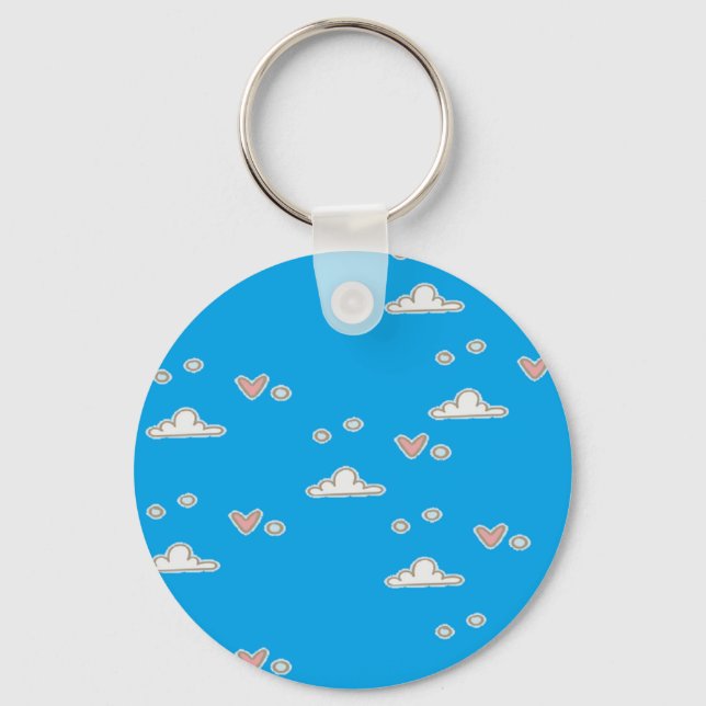 Hearts and clouds on blue  key ring (Front)