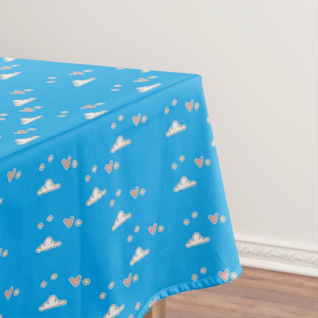 Hearts and clouds on blue  tablecloth (In Situ)