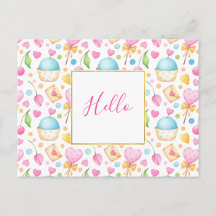 Hearts and Cupcakes Delightful Watercolor Hello Postcard