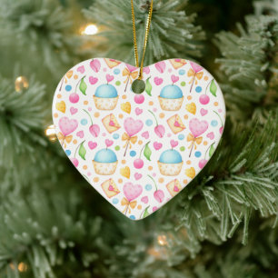 Hearts and Cupcakes Delightful Watercolor Pattern Ceramic Tree Decoration