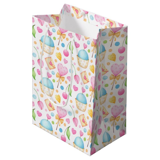 Hearts and Cupcakes Delightful Watercolor Pattern Medium Gift Bag (Front Angled)
