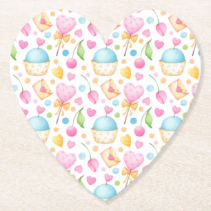 Hearts and Cupcakes Delightful Watercolor Pattern Paper Coaster