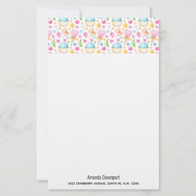 Hearts and Cupcakes Delightful Watercolor Pattern Stationery (Front)
