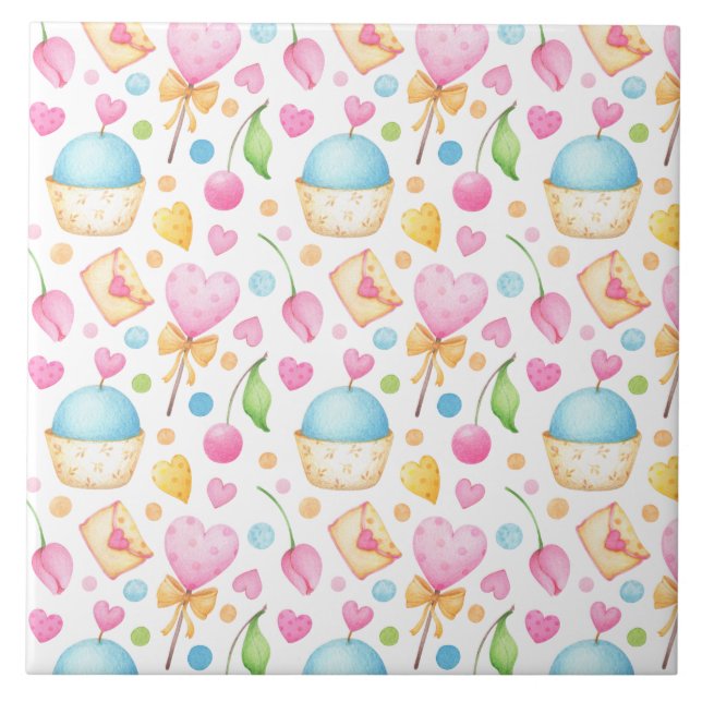 Hearts and Cupcakes Delightful Watercolor Pattern Tile (Front)