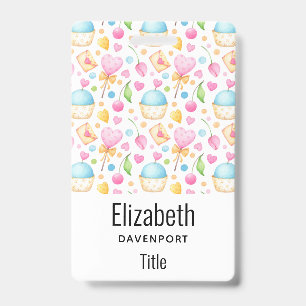 Hearts and Cupcakes Sweet Watercolor Pattern ID Badge