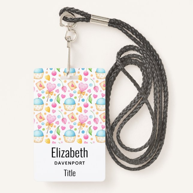 Hearts and Cupcakes Sweet Watercolor Pattern ID Badge (Front with Lanyard)