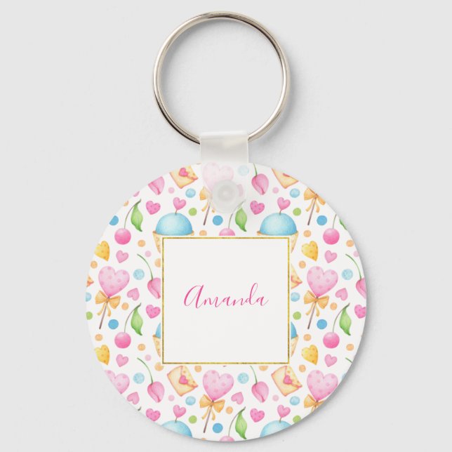 Hearts and Cupcakes Sweet Watercolor Pattern Key Ring (Front)