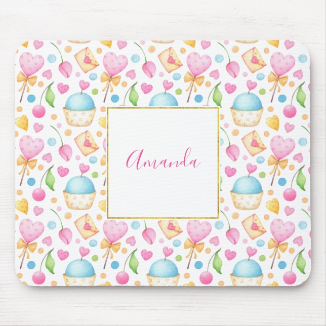 Hearts and Cupcakes Sweet Watercolor Pattern Mouse Mat (Front)