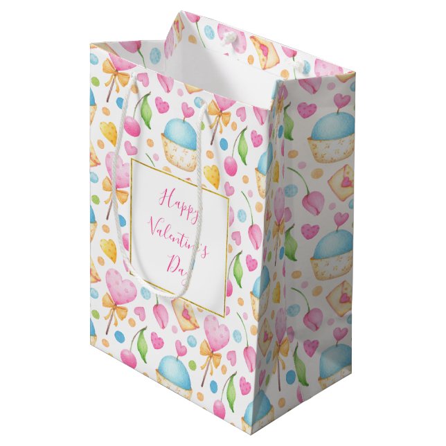 Hearts and Cupcakes Watercolor Pattern Valentine's Medium Gift Bag (Front Angled)
