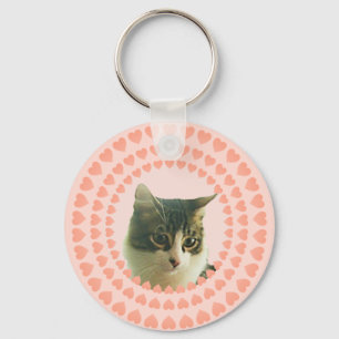 Hearts and Custom Tabby Cat Photo Key Ring