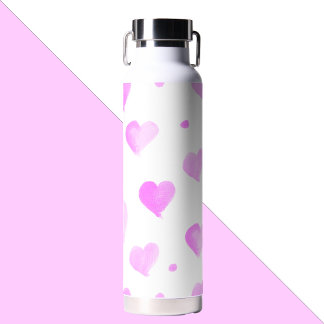 Hearts and Dots Pink Watercolor Pattern Water Bottle