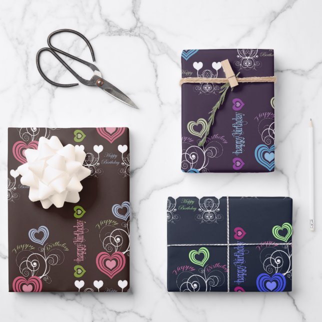 Hearts and Floral Birthday Wrapping Paper Sheet (Front)