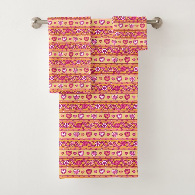 Hearts and flower doodle pattern orange pink  bath towel set (Insitu)