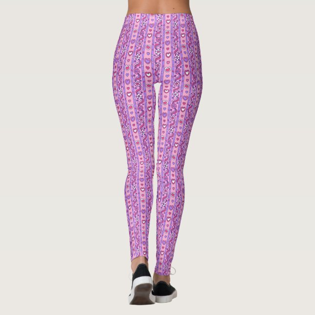Hearts and flower striped pattern purple leggings (Back)