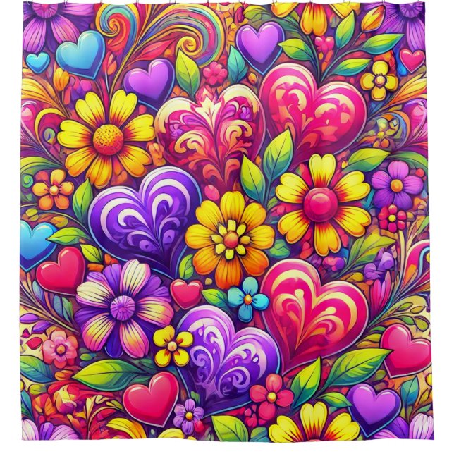 Hearts and Flowers Design Shower Curtain (Front)