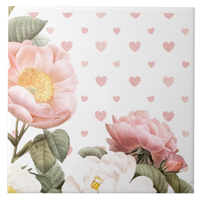 Hearts and Flowers in pretty pastel pink Tile (Front)