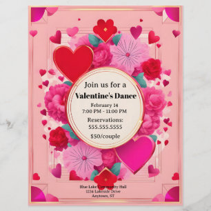 Hearts and Flowers on Pink Valentine's Day Dance Custom Letterhead