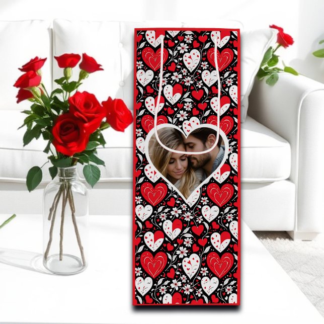 Hearts and Flowers Personalised Photo Valentine's  Wine Gift Bag (Creator Uploaded)