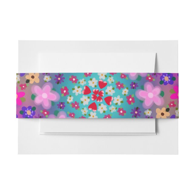 Hearts and Flowers Pink Yellow Aqua Pretty Invitation Belly Band (Front Example)