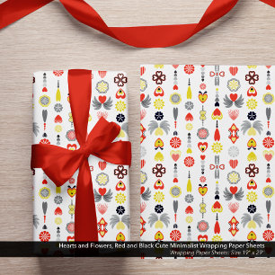 Hearts and Flowers Red and Black Cute Minimalist Wrapping Paper Sheet