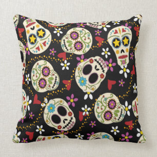 Hearts and Flowers Sugar Skulls Throw Pillow