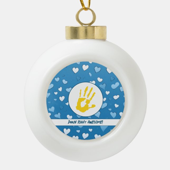 Hearts and Handprints Down Syndrome Awareness Ceramic Ball Christmas Ornament (Front)