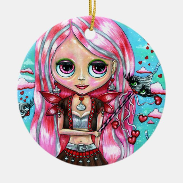 Hearts and Kisses Cute Big Eye Fairy Doll Ceramic Tree Decoration (Front)