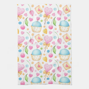 Hearts and Love Delightful Watercolor Pattern Tea Towel