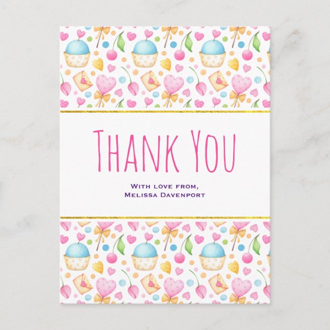 Hearts and Love Watercolor Pattern Thank You Postcard (Front)