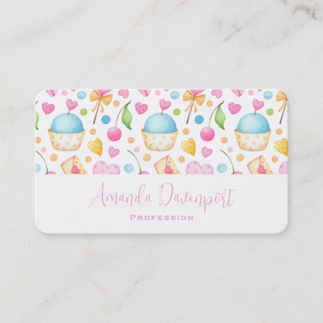 Hearts and Muffins Delightful Watercolor Pattern Business Card (Front)