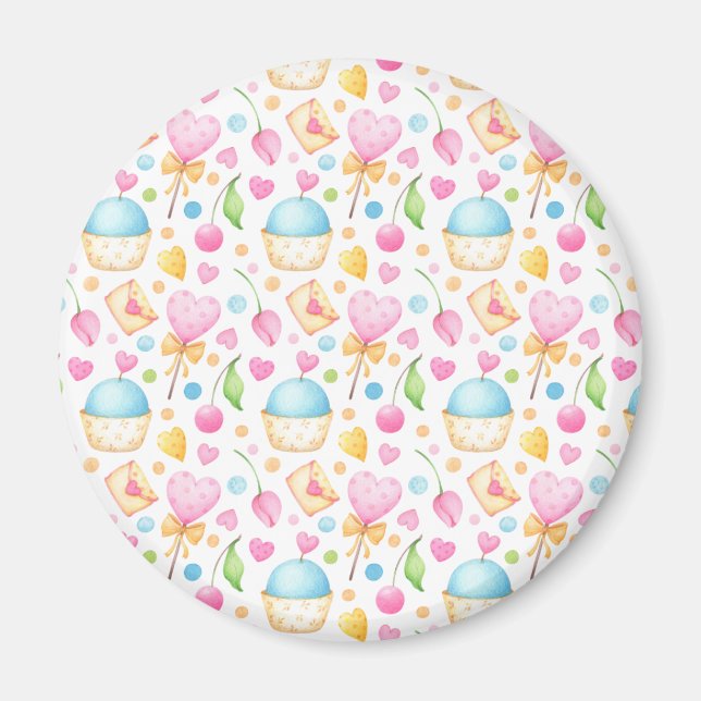 Hearts and Muffins Delightful Watercolor Pattern Magnet (Front)