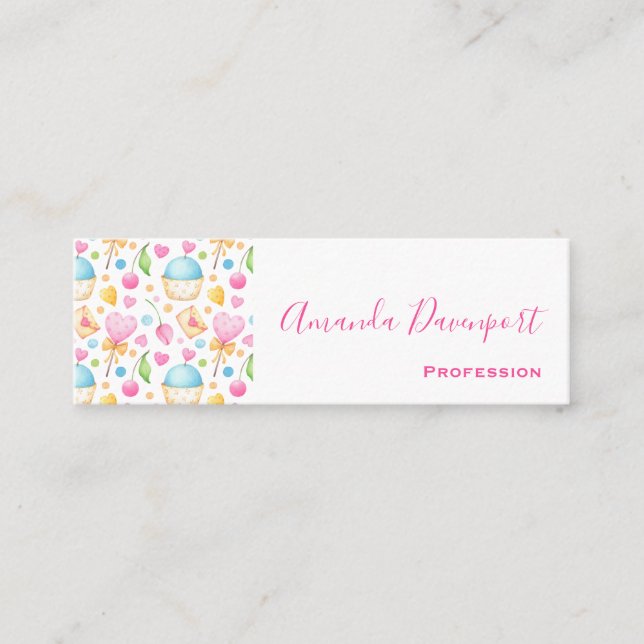Hearts and Muffins Delightful Watercolor Pattern Mini Business Card (Front)