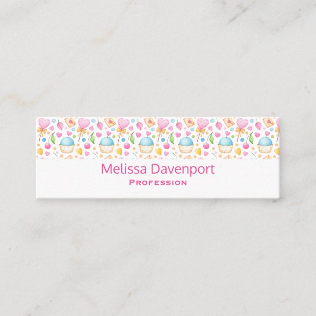 Hearts and Muffins Delightful Watercolor Pattern Mini Business Card (Front)