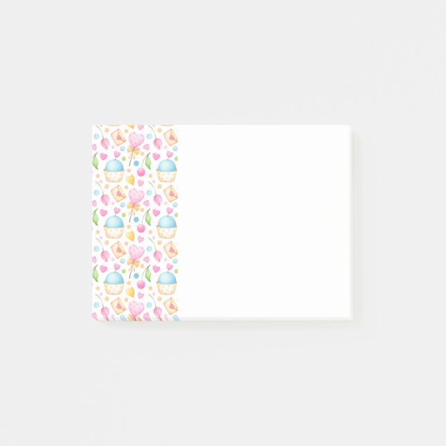 Hearts and Muffins Delightful Watercolor Pattern Post-it Notes (Front)