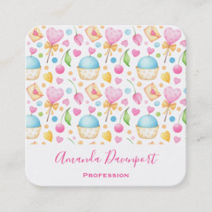 Hearts and Muffins Delightful Watercolor Pattern Square Business Card