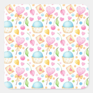 Hearts and Muffins Delightful Watercolor Pattern Square Sticker