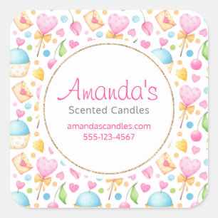 Hearts and Muffins Pastel Watercolor Business Square Sticker