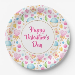 Hearts and Muffins Valentine's Watercolor Pattern Paper Plate