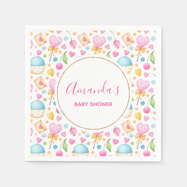 Hearts and Muffins Watercolor Pattern Party Napkin (Front)